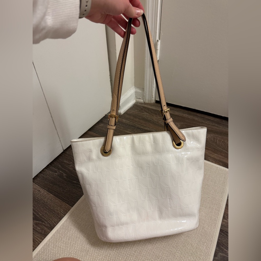 Michael Kors White Patent Tote with Tan Shoulder Straps